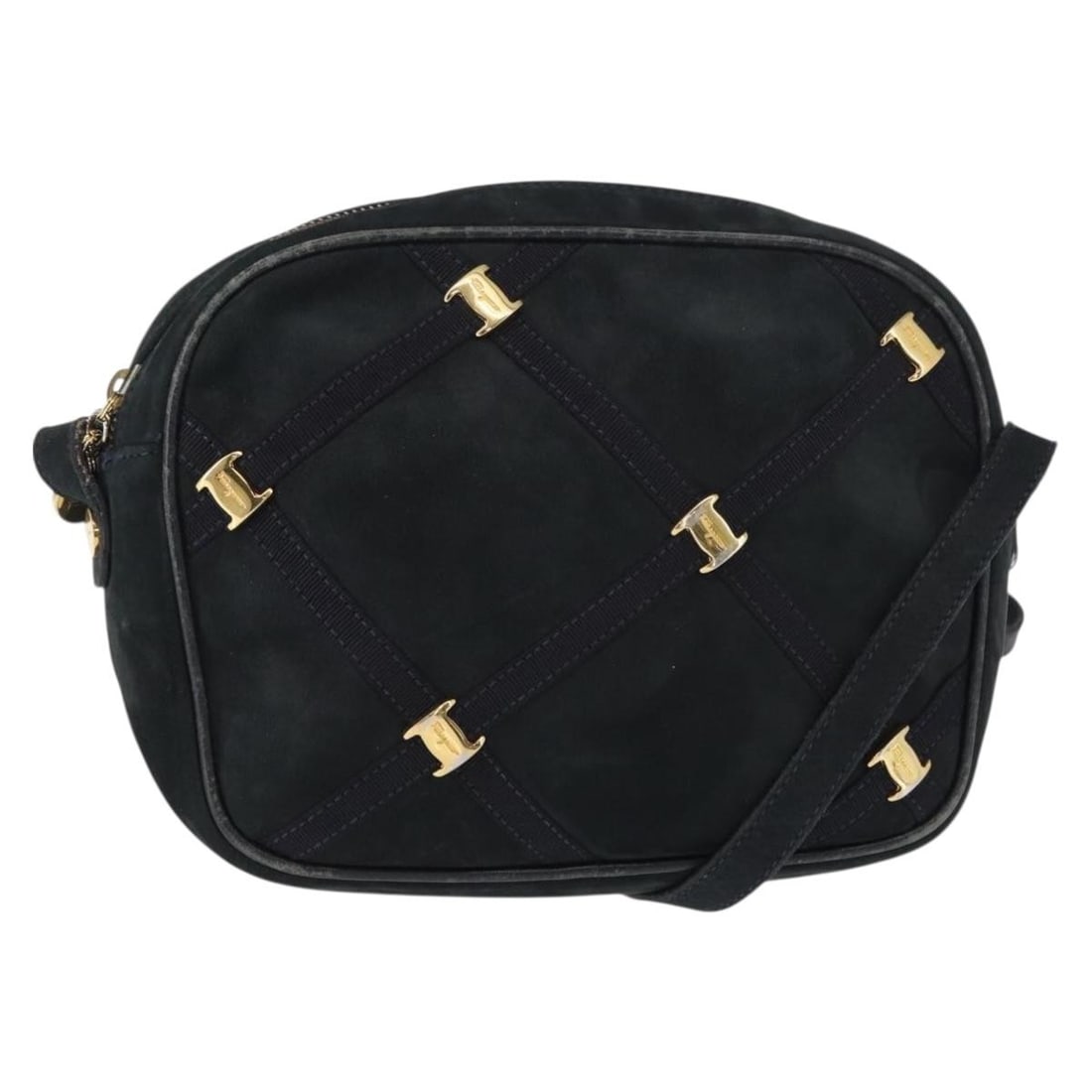 Salvatore Ferragamo Vala Navy Gold Suede Shoulder Bag BA7661: Salvatore Ferragamo Vala Navy Gold Suede Shoulder Bag BA7661 Explore the elegance of this Salvatore Ferragamo Vala Shoulder Bag, a stunning accessory crafted in Italy from luxurious suede. The bag fea