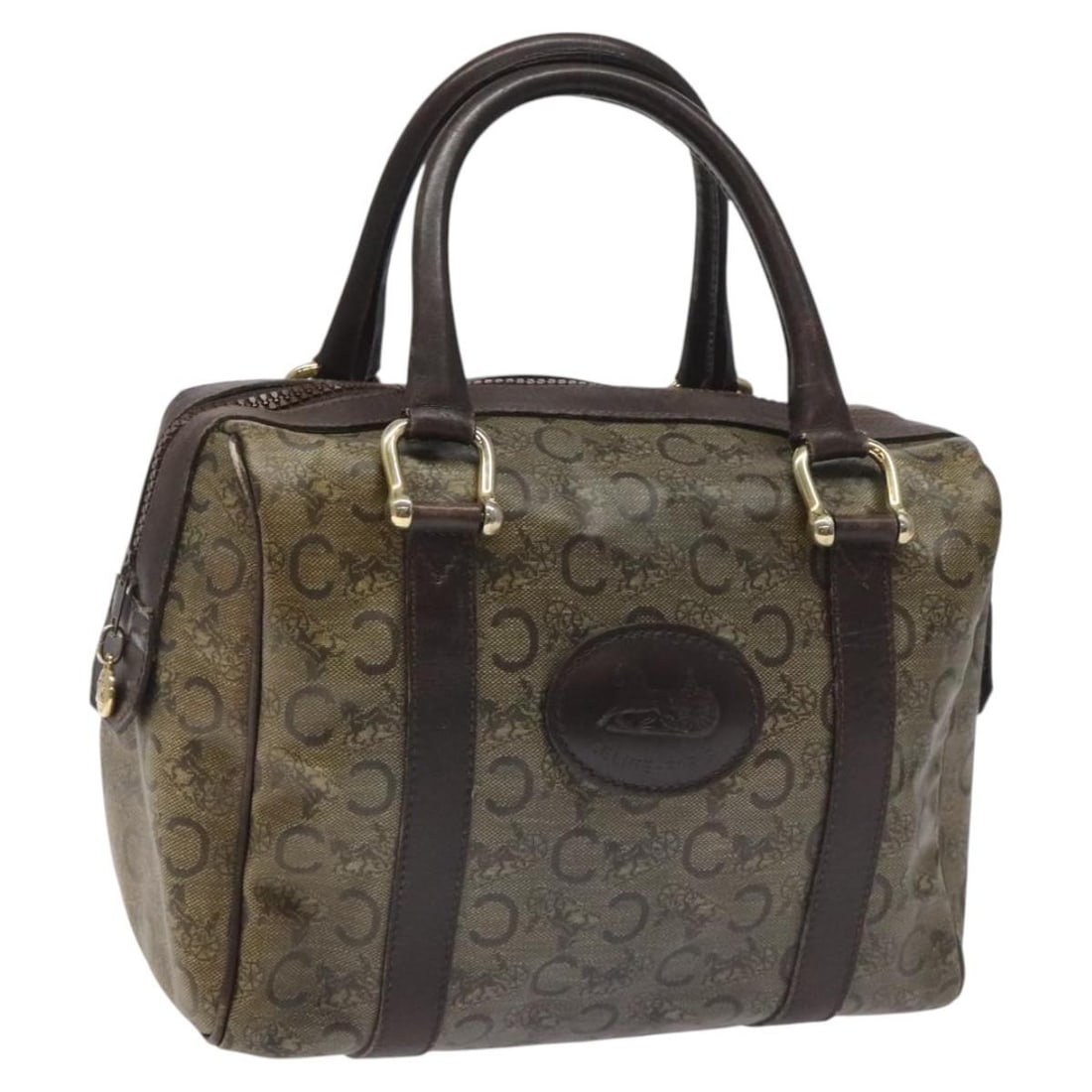 CELINE C Sulky Hand Bag Dark Brown Gold PVC Italy: CELINE C Sulky Hand Bag Dark Brown Gold PVC Italy This CELINE C Sulky Hand Bag is a stylish accessory crafted in Italy. Made from high-quality PVC leather, this bag features a sophisticated dark brown