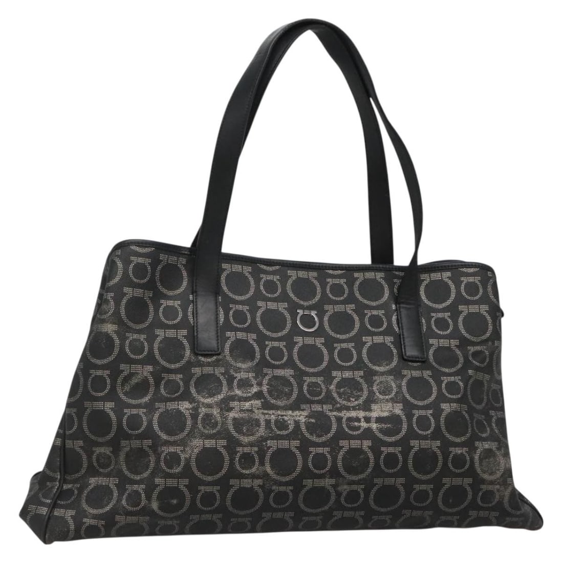 Salvatore Ferragamo Gancini Tote Bag Black Silver Canvas Italy Auth BA3713: Salvatore Ferragamo Gancini Tote Bag Black Silver Canvas Italy Auth BA3713 This Salvatore Ferragamo Gancini Tote Bag showcases a sophisticated design crafted from durable canvas in a striking black an