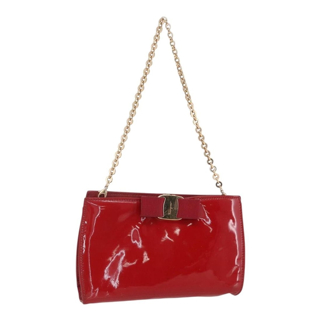 Red Patent Leather Chain Pouch Handbag by Salvatore Ferragamo Gold Accents: Red Patent Leather Chain Pouch Handbag by Salvatore Ferragamo Gold Accents This Salvatore Ferragamo chain accessory pouch features a striking red patent leather exterior with gold-tone accents. Made i