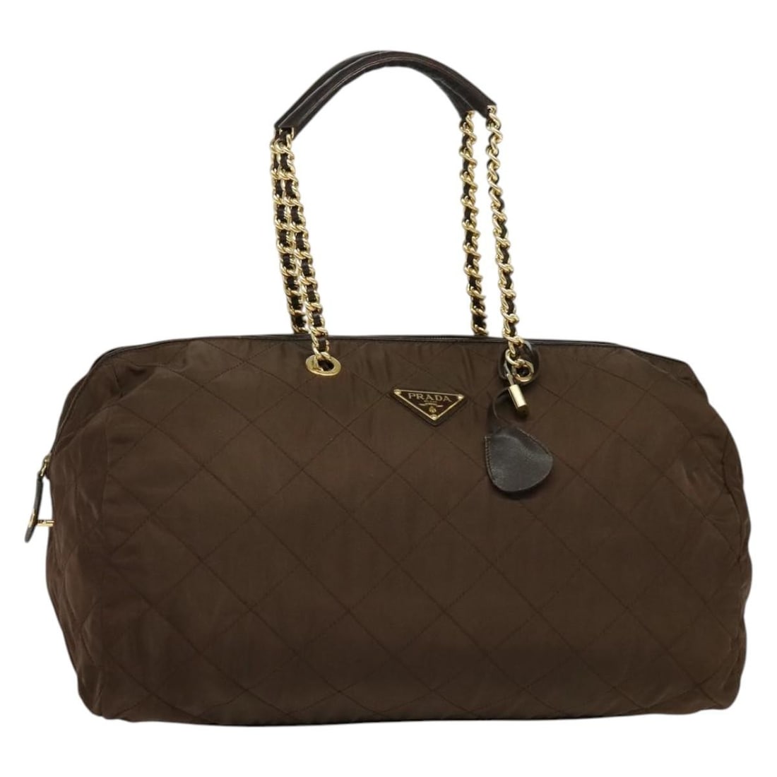 Brown Nylon Prada Boston Bag with Gold Accents and Padlock: Brown Nylon Prada Boston Bag with Gold Accents and Padlock This PRADA Boston Bag features a brown and gold design crafted from nylon. The bag is made in Italy and comes with a padlock, two keys, and a