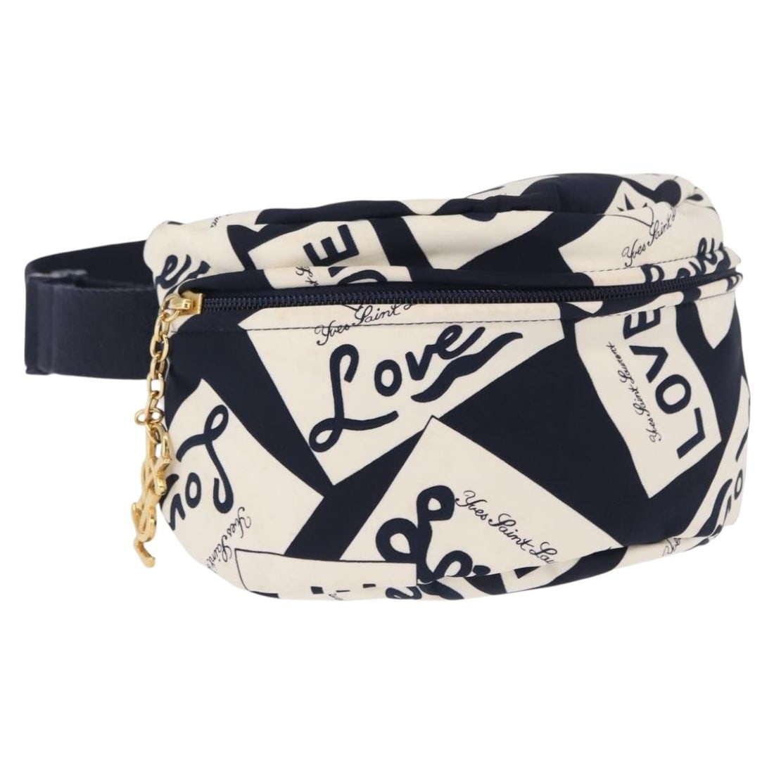 Navy and White Nylon Waist Bag by SAINT LAURENT Gold Accents: Navy and White Nylon Waist Bag by SAINT LAURENT Gold Accents This Saint Laurent waist bag features a navy, white, and gold color scheme and is crafted from nylon. Made in France, the bag is designed f