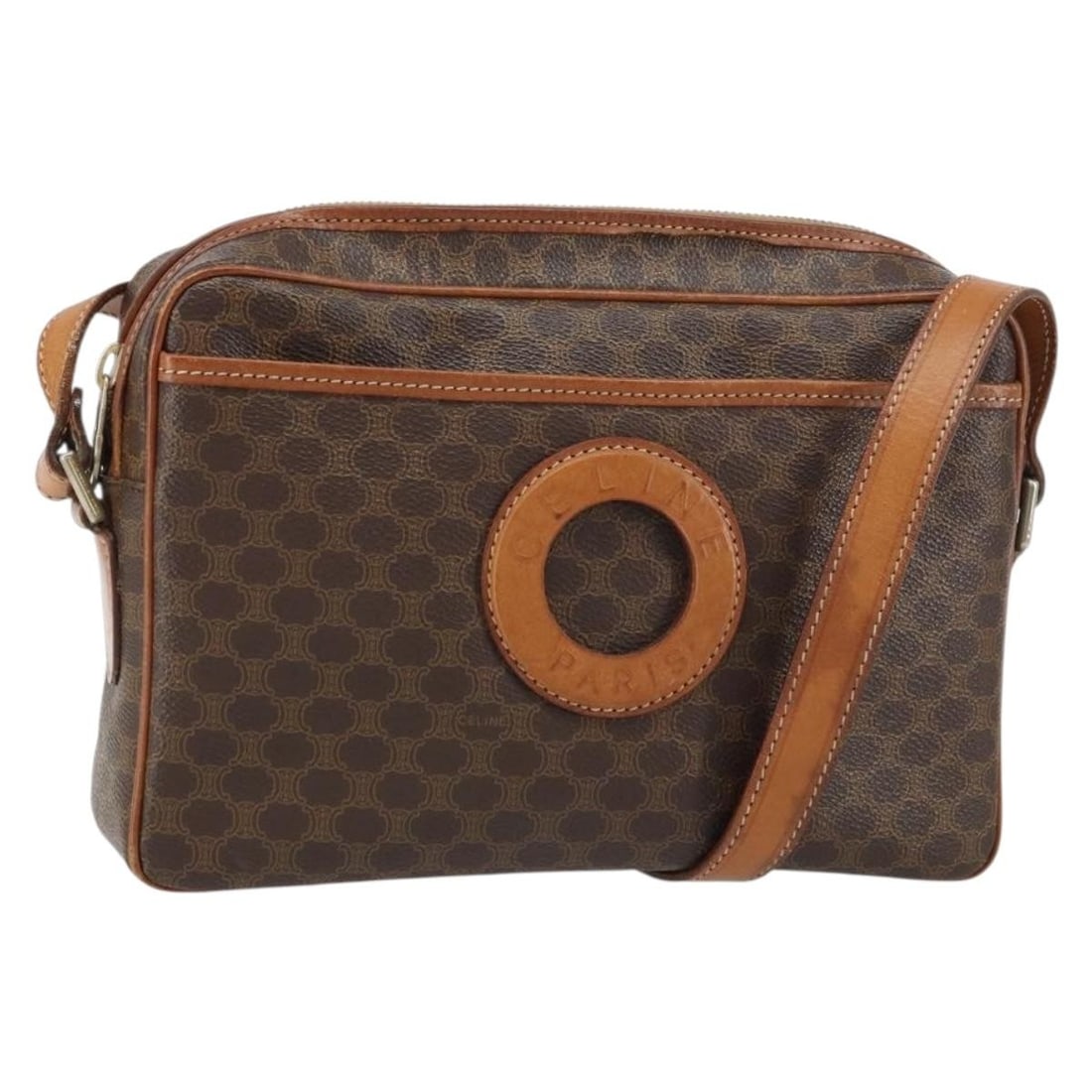 Celine Macadam Brown PVC Shoulder Bag with Gold Accents and Leather Trim: Celine Macadam Brown PVC Shoulder Bag with Gold Accents and Leather Trim This CELINE Macadam shoulder bag features a classic brown and gold color combination crafted from PVC leather and Macadam canva