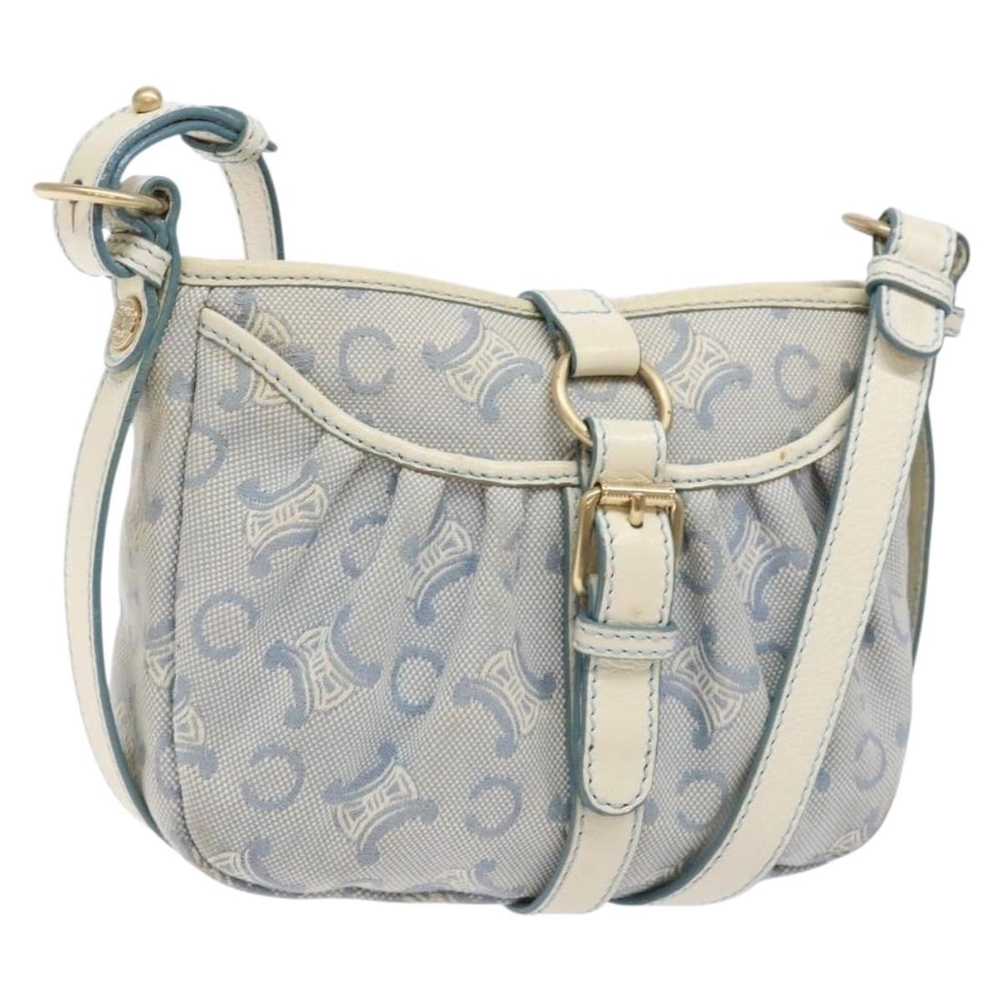 CELINE C Macadam Canvas Shoulder Bag Light Blue Gold Made in Italy: CELINE C Macadam Canvas Shoulder Bag Light Blue Gold Made in Italy This authentic CELINE C Macadam Canvas Shoulder Bag showcases a chic light blue and gold design, perfect for elevating your style. Cr