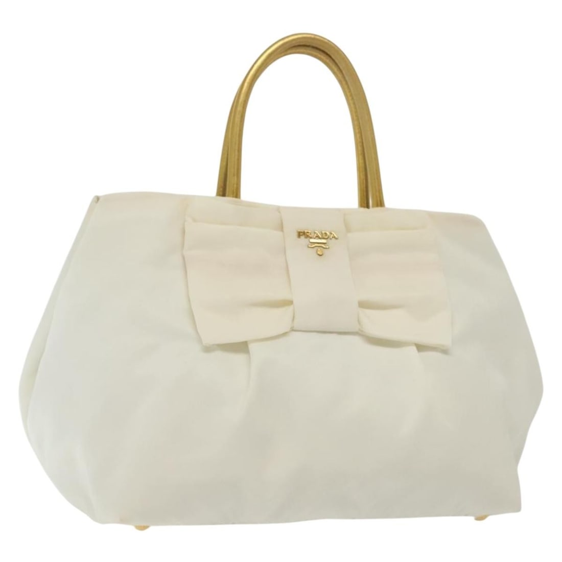 PRADA Ribbon Hand Bag White Gold Nylon Authentic Italy: PRADA Ribbon Hand Bag White Gold Nylon Authentic Italy This PRADA Ribbon Hand Bag is a stylish accessory crafted from durable nylon, featuring a chic white and gold color scheme. It measures approxima