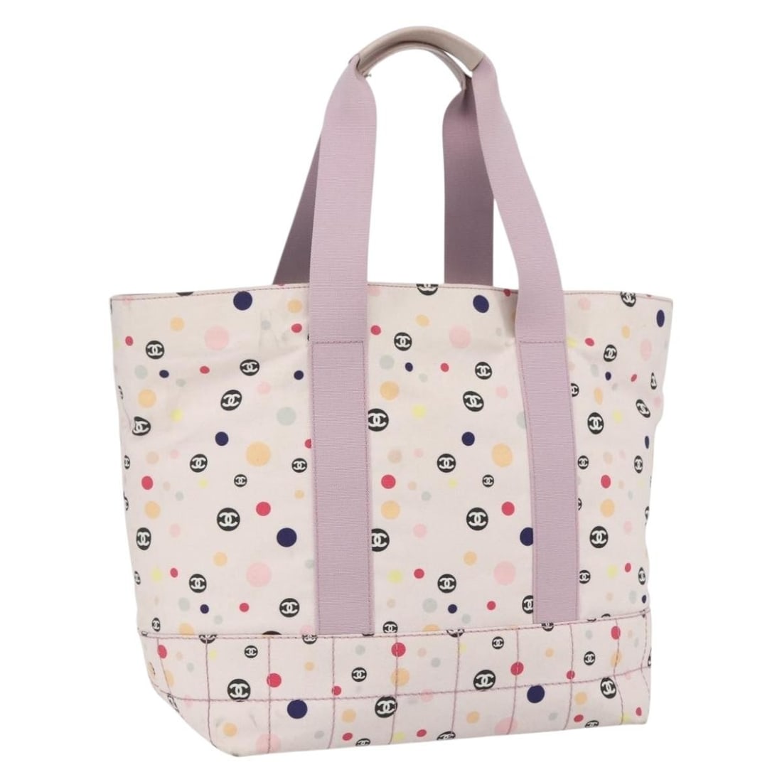 Chanel Choco Bar Pink Gold Canvas Tote Bag Made in Italy: Chanel Choco Bar Pink Gold Canvas Tote Bag Made in Italy This CHANEL Choco Bar tote bag features a canvas exterior in pink and gold tones. Made in Italy, the bag has a spacious design with dual top ha