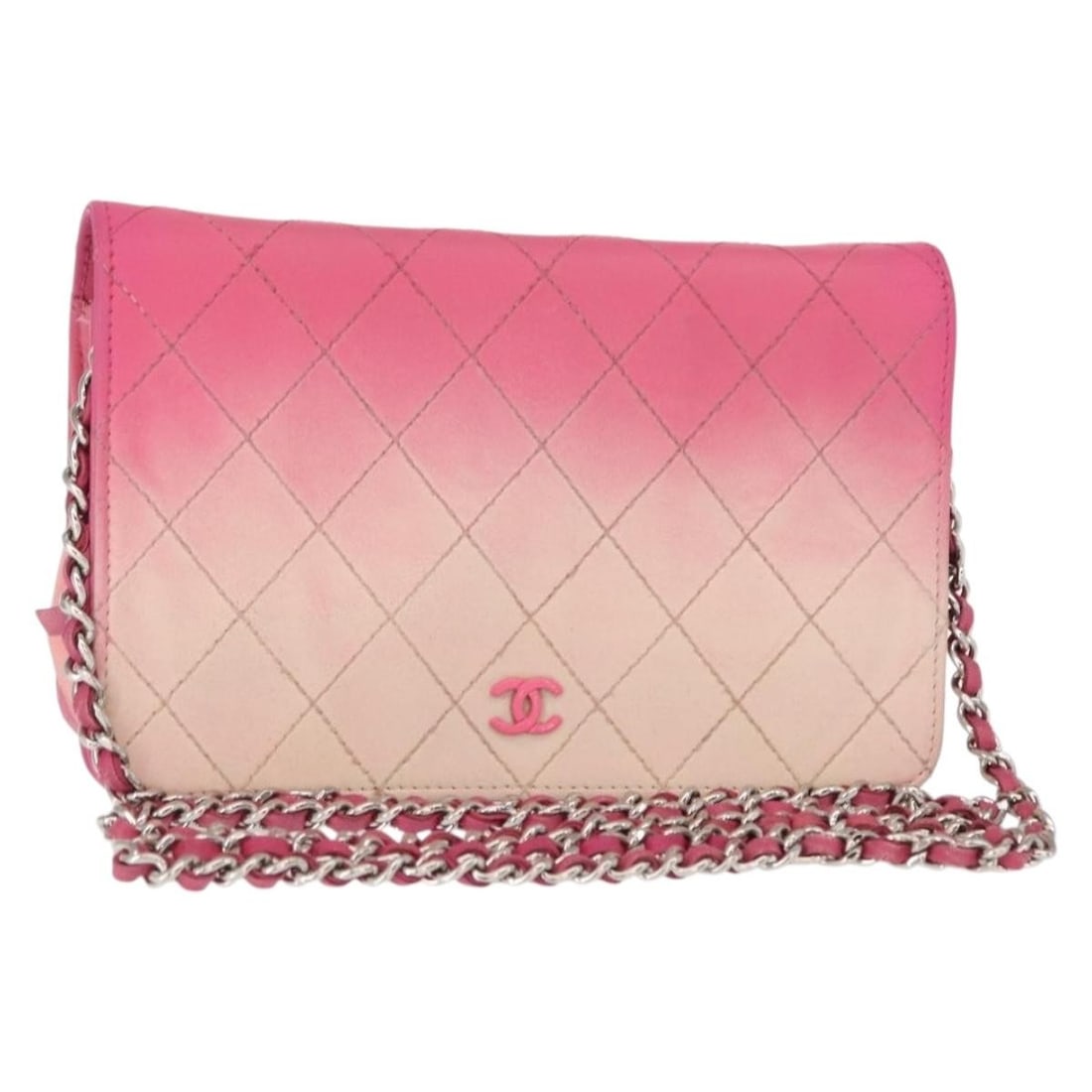 Chanel Pink Leather Repainted Shoulder Bag with Silver Chain CC Logo: Chanel Pink Leather Repainted Shoulder Bag with Silver Chain CC Logo This CHANEL chain shoulder bag features a pink leather exterior with silver-tone accents and a signature CC logo. The bag has been