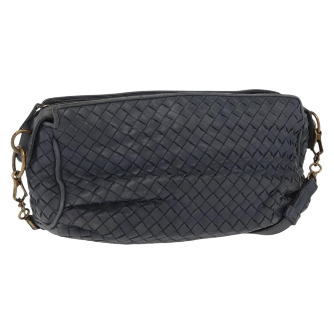 Navy Intrecciato Leather Shoulder Bag by Bottega Veneta Italy: Navy Intrecciato Leather Shoulder Bag by Bottega Veneta Italy This Bottega Veneta Intrecciato shoulder bag is crafted from navy leather and features a compact, rectangular silhouette. Designed with a