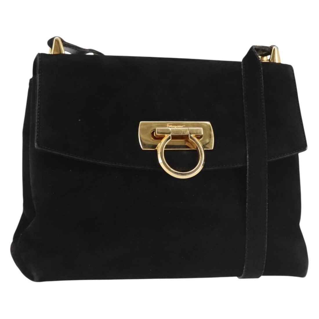 Salvatore Ferragamo Gancini Black Suede Shoulder Bag Gold Accents Auth AN21 2692 (1 of 18)