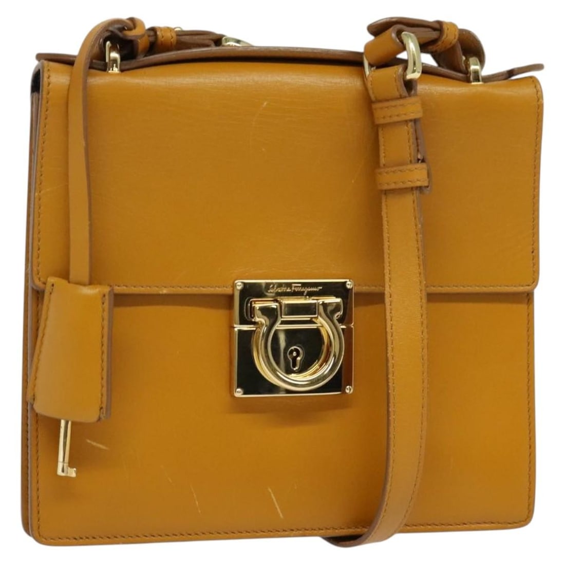 Salvatore Ferragamo Gancini Brown Gold Leather Shoulder Bag Auth 123668 (1 of 18)