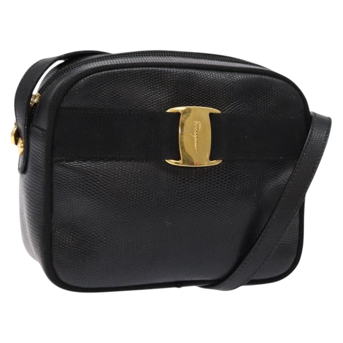 Salvatore Ferragamo Black Gold Leather Shoulder Bag Auth GH755 (1 of 18)