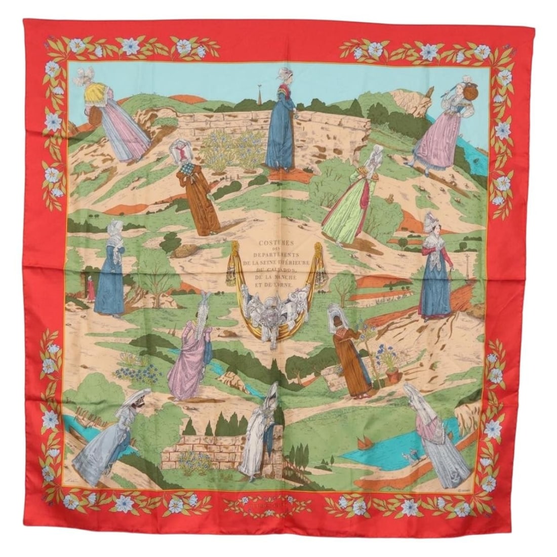 Hermes Costumes des Departements Silk Scarf 90cm Square Red France: Hermes Costumes des Departements Silk Scarf 90cm Square Red France This Hermes Carre 90 "Costumes des Departements" scarf features a vibrant red silk design. Made in France, this classic square scarf
