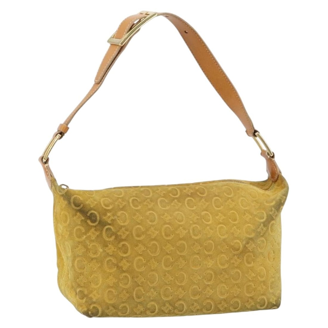 Yellow Gold Macadam Canvas Shoulder Bag by CELINE Italy: Yellow Gold Macadam Canvas Shoulder Bag by CELINE Italy This is a CELINE C Macadam canvas shoulder bag in yellow and gold tones. Crafted in Italy from durable canvas, the bag features the signature C