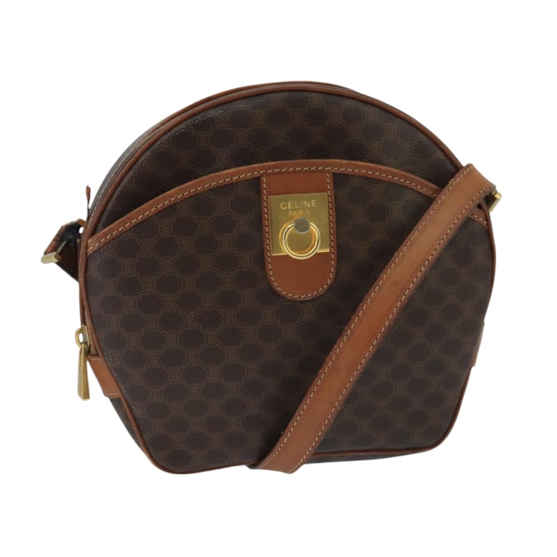 CELINE Macadam Canvas Brown Gold PVC Leather Shoulder Bag Italy Auth: CELINE Macadam Canvas Brown Gold PVC Leather Shoulder Bag Italy Auth Introducing the CELINE Macadam Canvas Shoulder Bag, a sophisticated accessory crafted in Italy. This stylish shoulder bag features