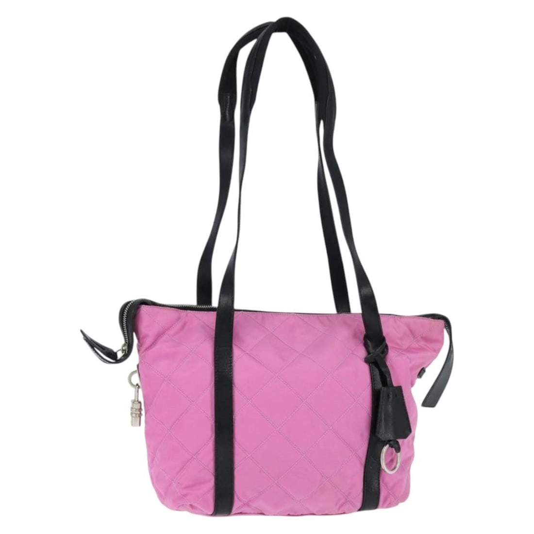 PRADA Pink Silver Nylon Shoulder Bag Auth 150388 Italy: PRADA Pink Silver Nylon Shoulder Bag Auth 150388 Italy This PRADA shoulder bag is a stylish choice for everyday use, crafted from durable nylon in an attractive pink and silver color combination. Made