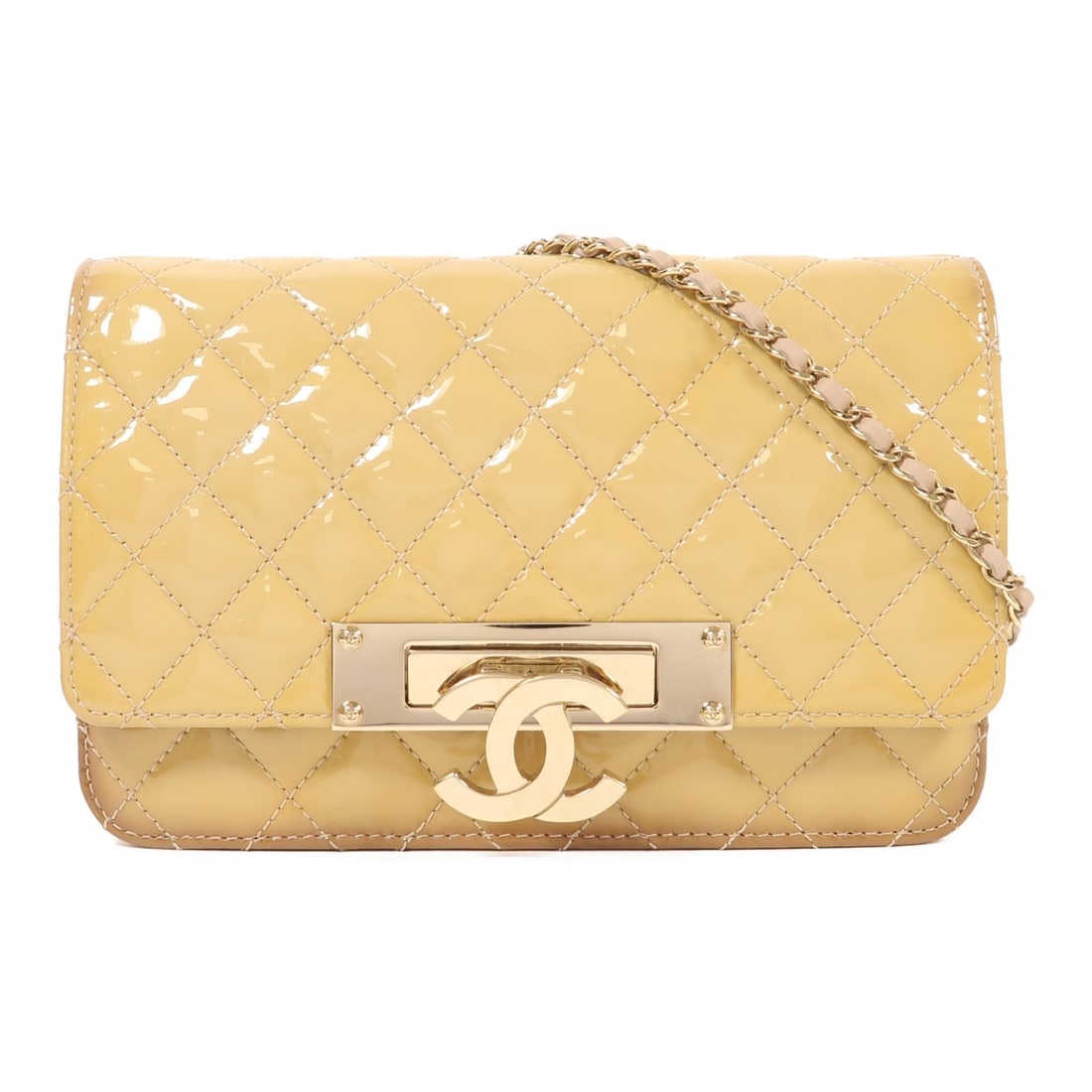 CHANEL Wallet On Chain Patent Leather Beige Shoulder Bag: CHANEL Wallet On Chain Patent Leather Beige Shoulder Bag This CHANEL Wallet On Chain shoulder bag is a chic accessory made from high-quality patent leather in a sophisticated beige hue. It features a