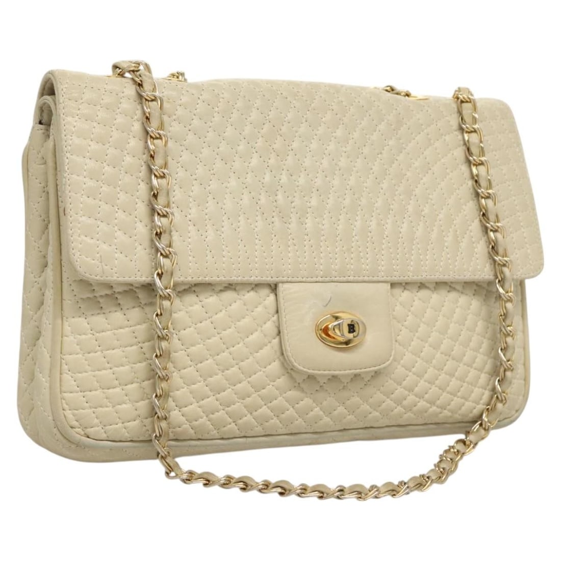 BALLY White Gold Leather Chain Shoulder Bag Italy Auth 124788 (1 of 18)