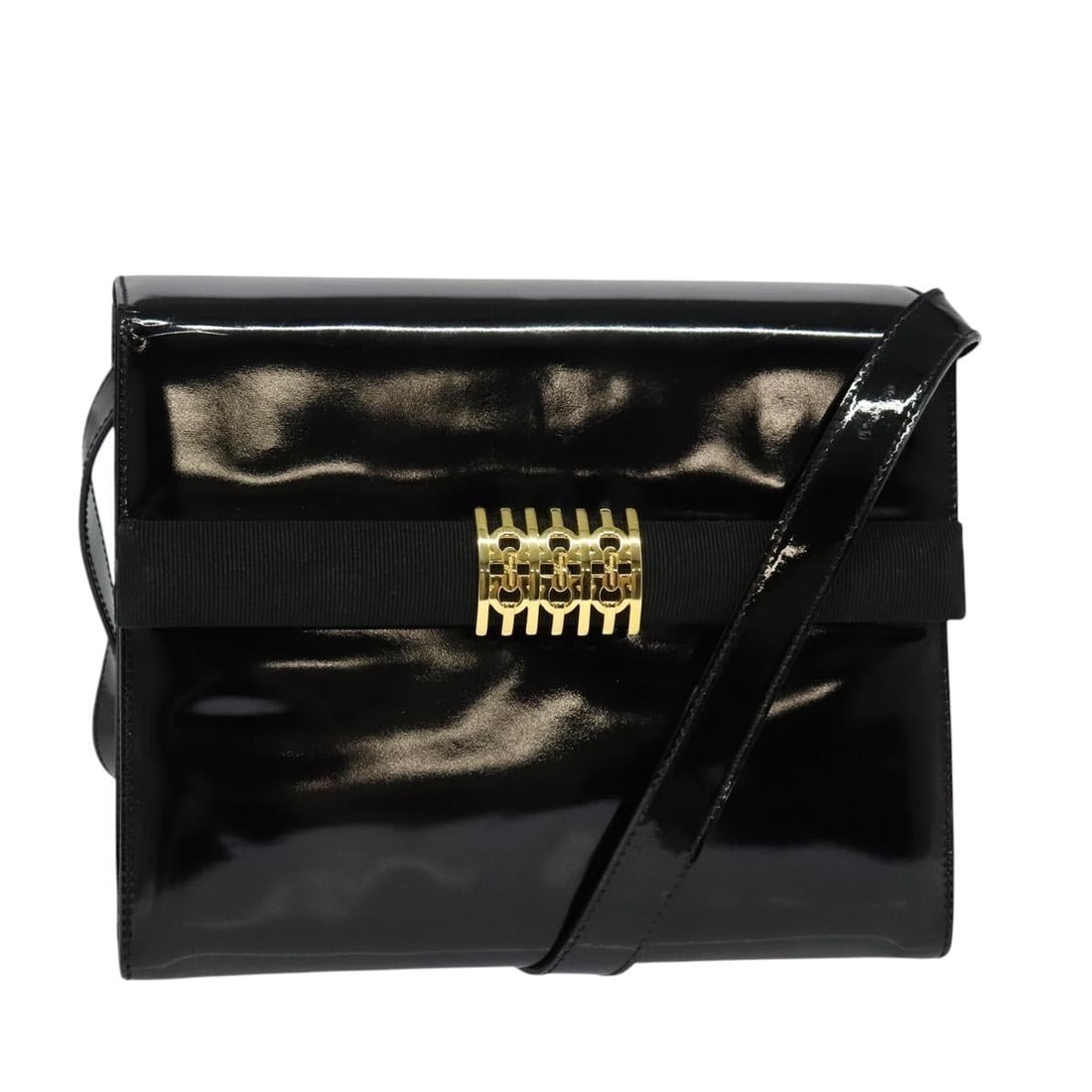 Salvatore Ferragamo Black Gold Enamel Shoulder Bag Auth AQ215713: Salvatore Ferragamo Black Gold Enamel Shoulder Bag Auth AQ215713 This elegant Salvatore Ferragamo shoulder bag is crafted from high-quality enamel in a striking black and gold color combination. Desig