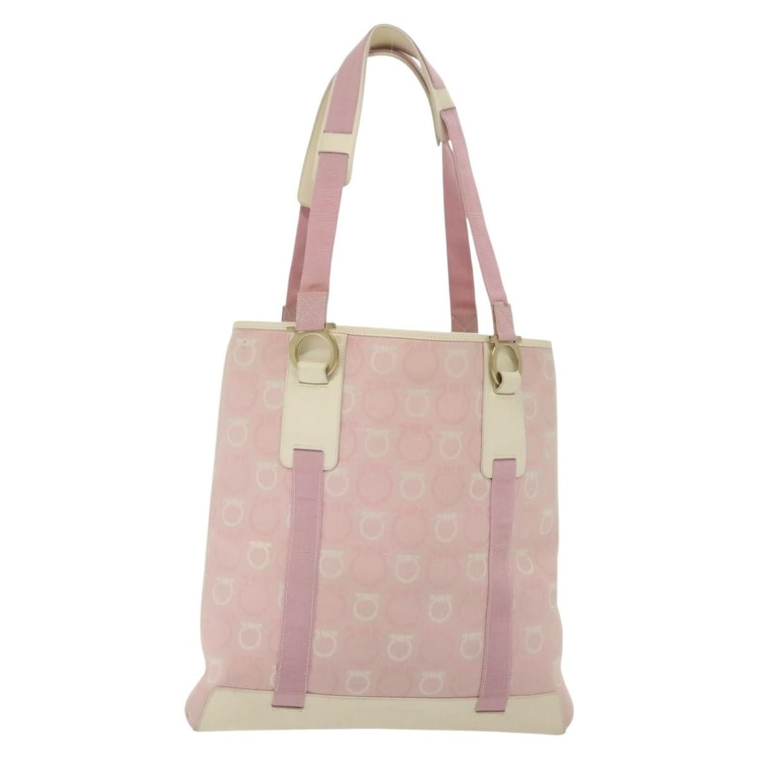 Salvatore Ferragamo Gancini Pink Gold Canvas Shoulder Bag Auth Italy: Salvatore Ferragamo Gancini Pink Gold Canvas Shoulder Bag Auth Italy This Salvatore Ferragamo Gancini Shoulder Bag, crafted in Italy, showcases a stylish blend of pink and gold hues on durable canvas