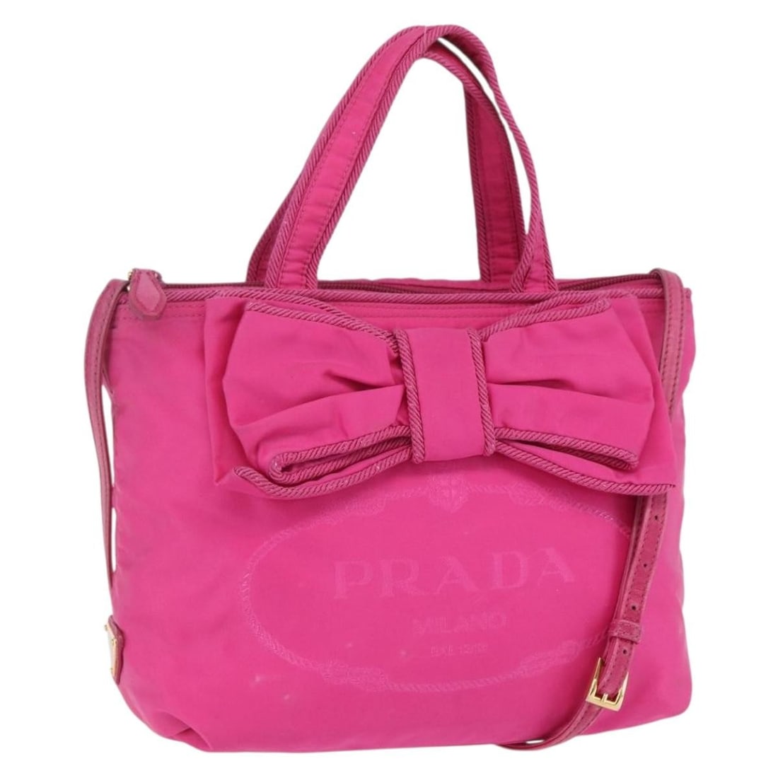 PRADA Pink Gold Nylon Hand Bag 2way Authentic Italy 153929: PRADA Pink Gold Nylon Hand Bag 2way Authentic Italy 153929 This authentic PRADA hand bag showcases a stylish combination of pink and gold colors, crafted from durable nylon. Designed for versatility,