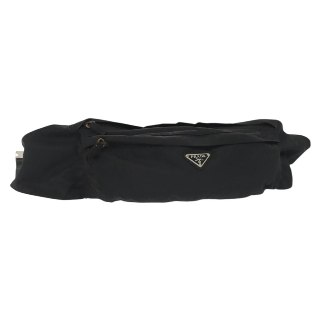 PRADA Black Nylon Waist Bag with Silver Accents Made in Italy: PRADA Black Nylon Waist Bag with Silver Accents Made in Italy This PRADA waist bag is a stylish and functional accessory crafted from durable nylon in a sleek black and silver color scheme. The bag fe