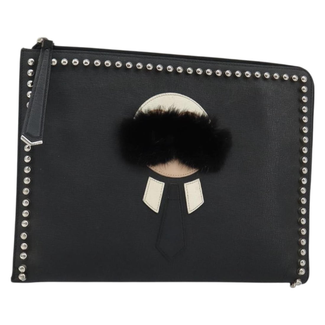FENDI Karl Lagerfeld Black Silver Leather Clutch Bag Auth BA5613: FENDI Karl Lagerfeld Black Silver Leather Clutch Bag Auth BA5613 This exquisite FENDI clutch bag embodies luxury and style, crafted from high-quality leather in a sleek black and silver color combinat
