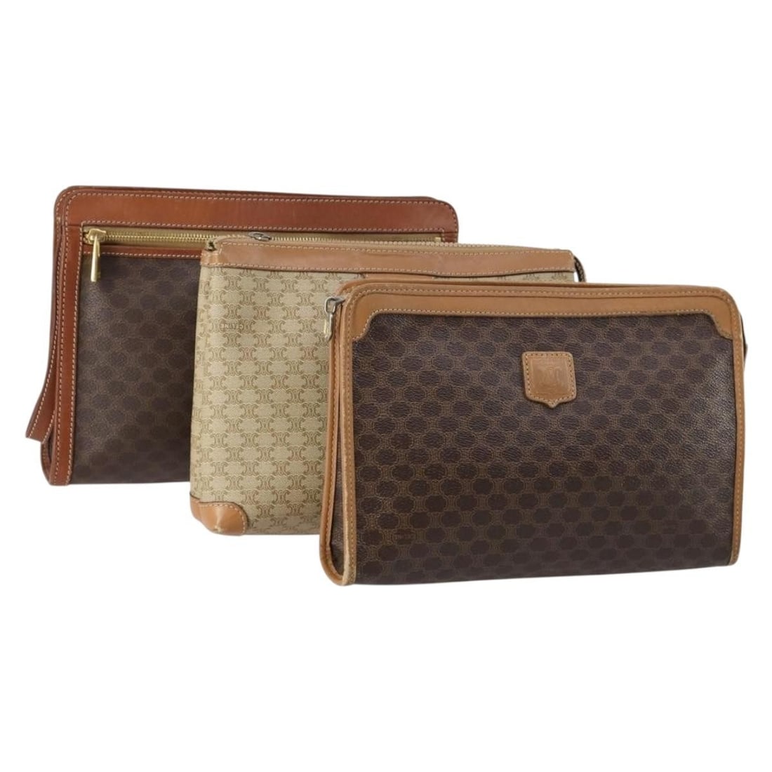 CELINE Macadam Canvas Clutch Bag Set of 3 Beige Brown Italy: CELINE Macadam Canvas Clutch Bag Set of 3 Beige Brown Italy This CELINE Macadam Canvas Clutch Bag set features a stylish combination of beige and brown colors, crafted from durable Macadam Canvas. Mad