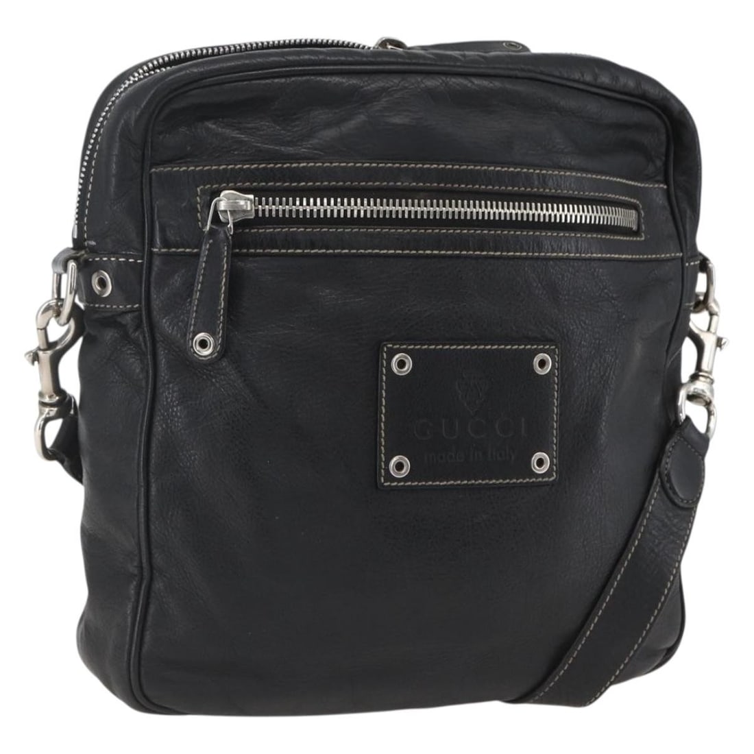 Black Leather GUCCI 201451 Shoulder Bag with Silver Accents: Black Leather GUCCI 201451 Shoulder Bag with Silver Accents This GUCCI shoulder bag features black leather with silver-tone accents. The bag offers a spacious interior and is designed with a shoulder