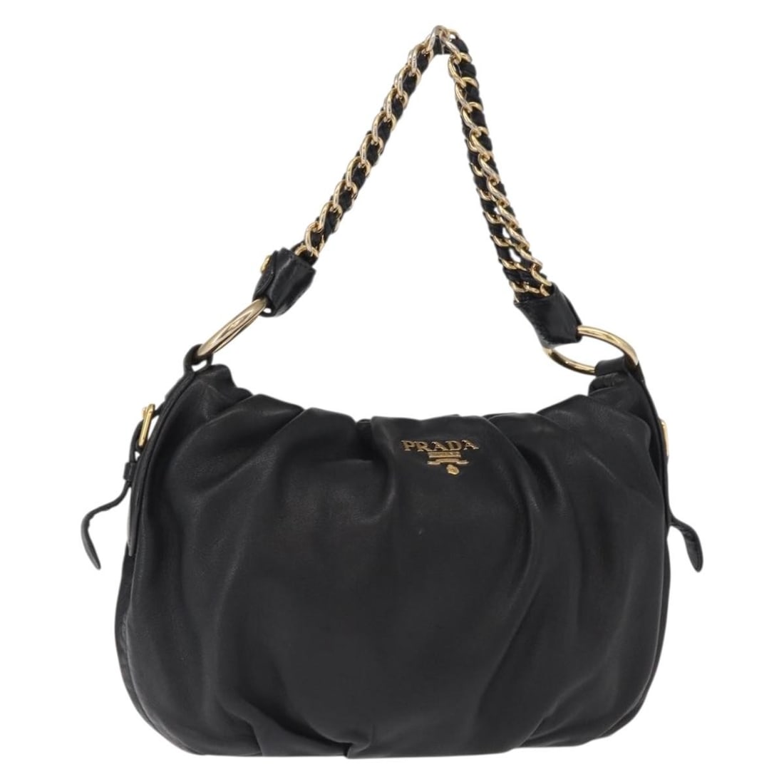 Black Leather PRADA Chain Shoulder Bag with Gold Accents and Dust Bag: Black Leather PRADA Chain Shoulder Bag with Gold Accents and Dust Bag This PRADA chain shoulder bag features black leather with gold accents. The bag offers a classic shoulder style and comes with a d