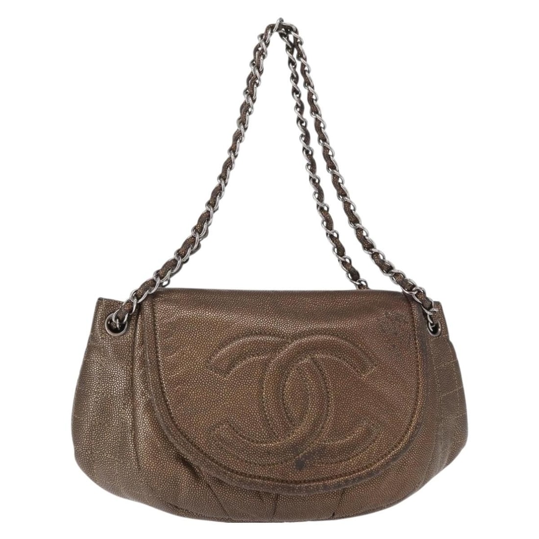 CHANEL Brown Caviar Shoulder Bag Silver CC Auth 152234: CHANEL Brown Caviar Shoulder Bag Silver CC Auth 152234 This CHANEL shoulder bag showcases exquisite craftsmanship with grained caviar skin in a rich brown color complemented by silver-tone accents. Th