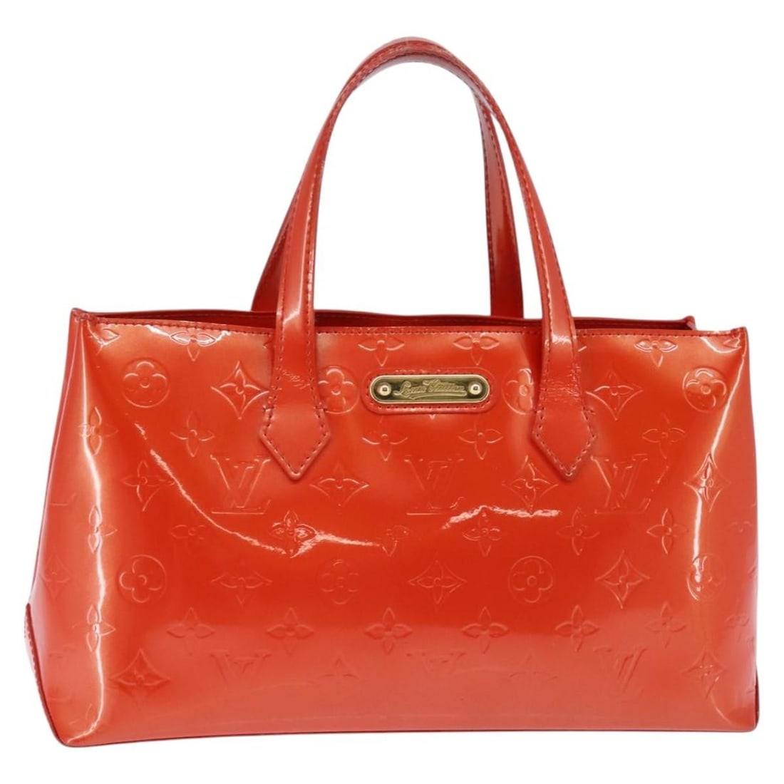 LOUIS VUITTON Orange Sunset Patent Leather Wilshire PM Hand Bag M93644 Auth: LOUIS VUITTON Orange Sunset Patent Leather Wilshire PM Hand Bag M93644 Auth Introducing the LOUIS VUITTON Monogram Vernis Wilshire PM handbag, a chic accessory crafted in vibrant Orenge Sunset patent