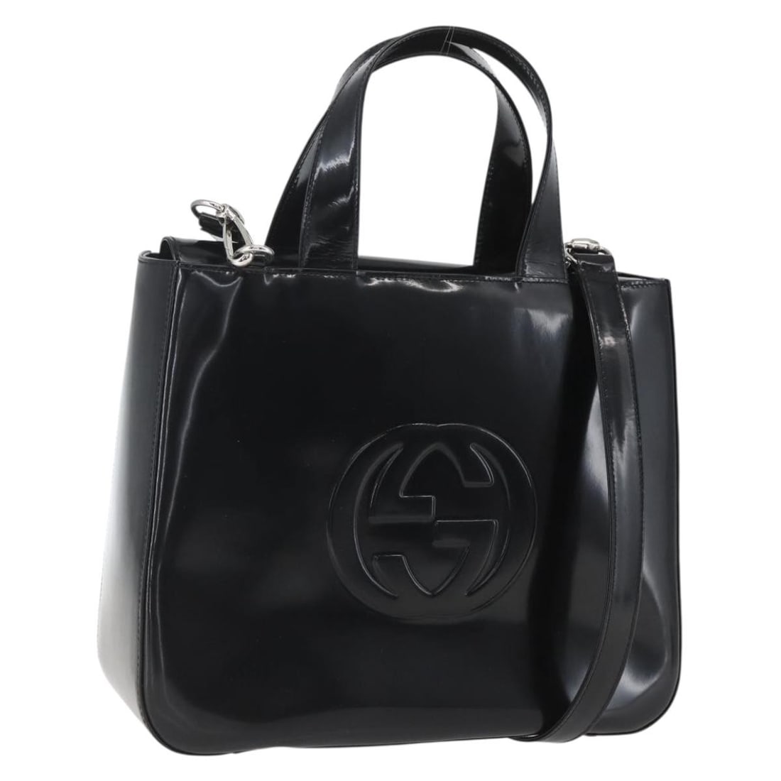 Black Enamel GUCCI 2way Handbag with Shoulder Strap 000 1013 0504: Black Enamel GUCCI 2way Handbag with Shoulder Strap 000 1013 0504 This Gucci handbag features a sleek black and silver enamel exterior and offers versatile carrying options with both top handles and a