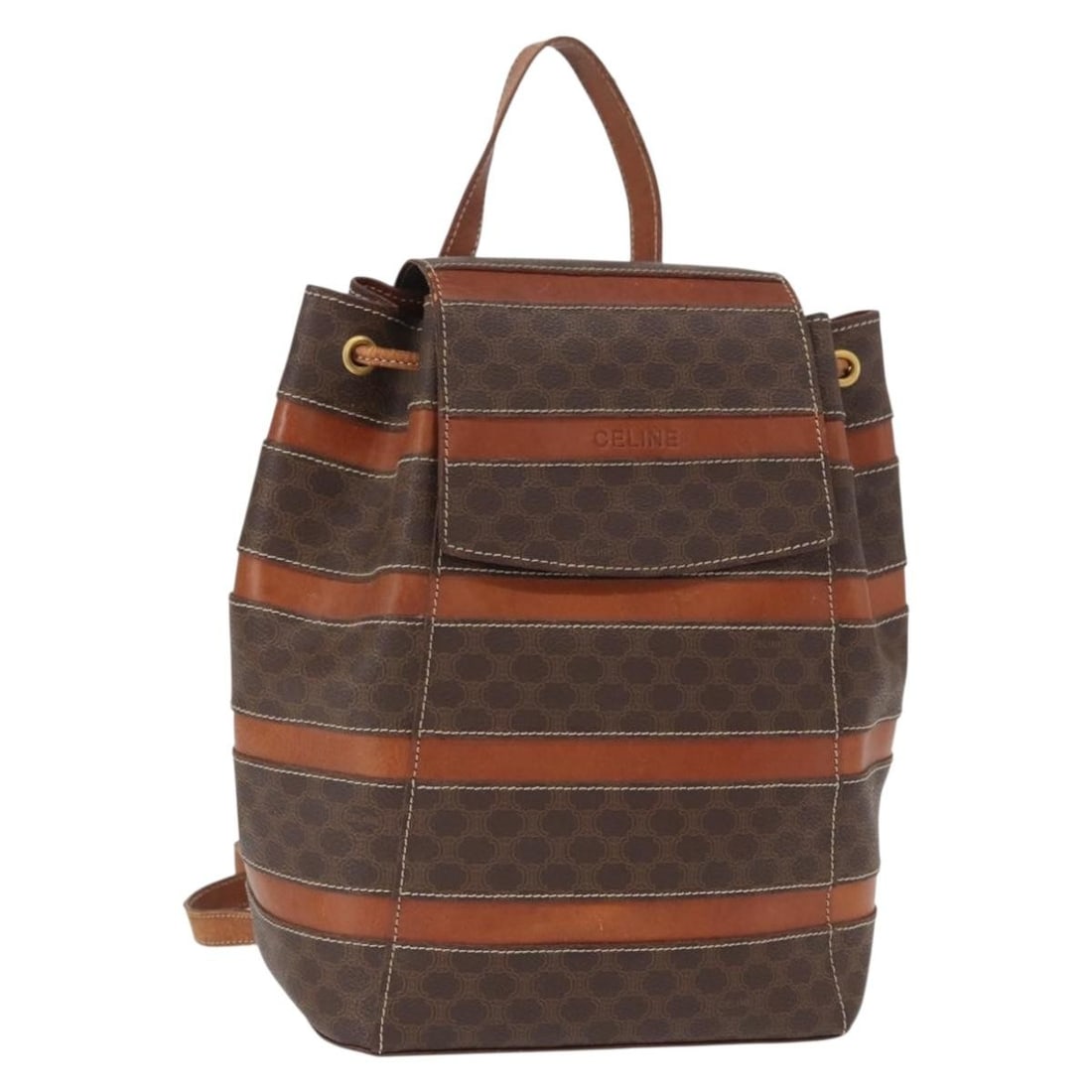 Brown PVC Leather Macadam Canvas Backpack by CELINE Gold Detail: Brown PVC Leather Macadam Canvas Backpack by CELINE Gold Detail This CELINE Macadam Canvas backpack features a brown and gold PVC leather exterior with the signature Macadam pattern. The backpack is m