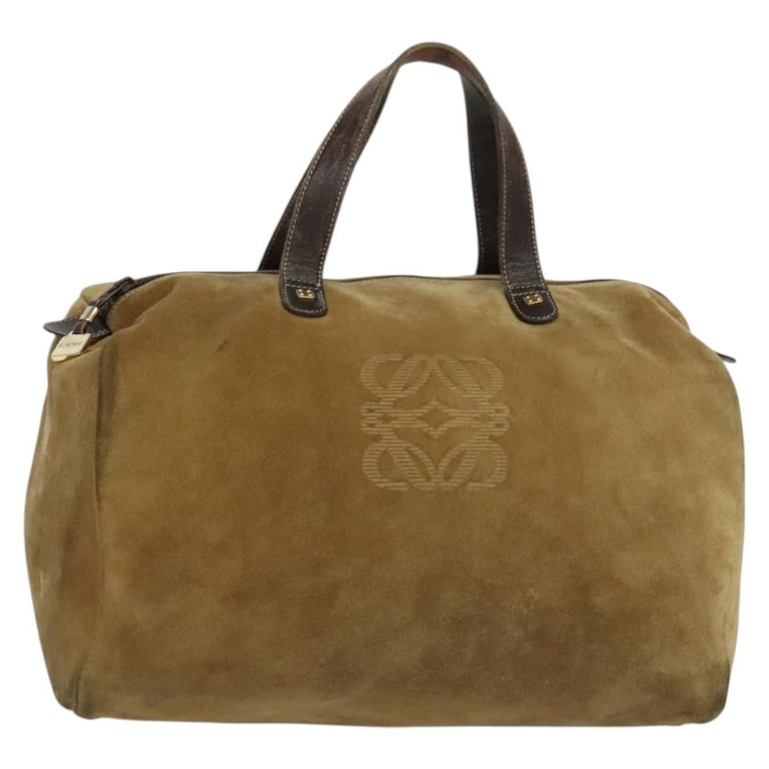 LOEWE Brown Gold Suede Anagram Boston Bag Auth 133251: LOEWE Brown Gold Suede Anagram Boston Bag Auth 133251 Introducing the LOEWE Anagram Boston Bag, a luxurious accessory crafted from high-quality suede in a rich brown and gold color palette. This spaci
