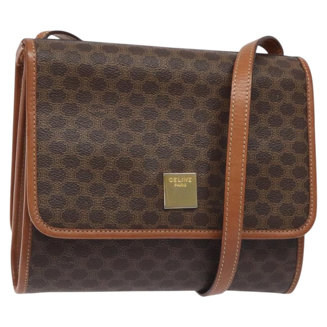 CELINE Macadam Canvas Shoulder Bag Brown Gold PVC Leather Italy: CELINE Macadam Canvas Shoulder Bag Brown Gold PVC Leather Italy This CELINE Macadam Canvas Shoulder Bag is an elegant accessory that showcases a blend of PVC leather and Macadam canvas in a sophistica