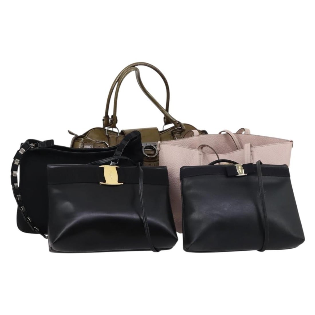 Salvatore Ferragamo Enamel Leather Nylon Hand Bag Set of 5 Black Khaki Pink Auth: Salvatore Ferragamo Enamel Leather Nylon Hand Bag Set of 5 Black Khaki Pink Auth This Salvatore Ferragamo handbag features a stylish design crafted from enamel with a striking color combination of bla