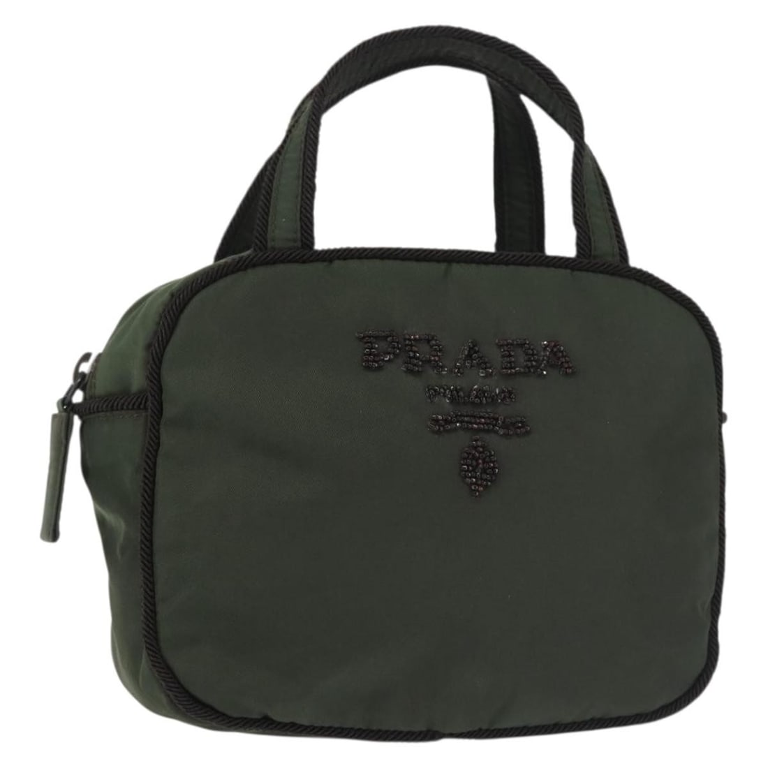 PRADA Khaki Nylon Hand Bag Made in Italy: PRADA Khaki Nylon Hand Bag Made in Italy This authentic PRADA Hand Bag is crafted from durable nylon in a chic khaki color, making it an ideal accessory for any outfit. The bag features a compact desi