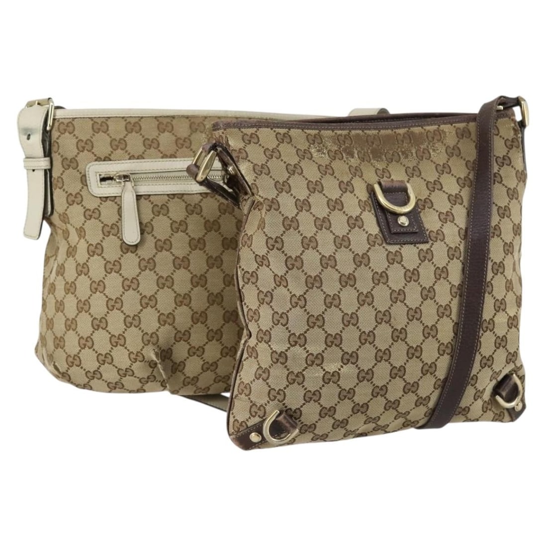 Pair of Beige GG Canvas Shoulder Bags by Gucci: Pair of Beige GG Canvas Shoulder Bags by Gucci This is a set of two authentic Gucci GG Canvas shoulder bags in beige. Crafted in Italy, these bags feature the signature GG canvas exterior and classic