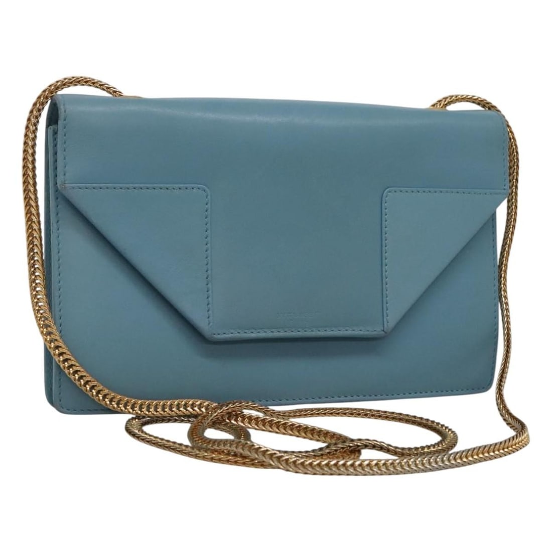 SAINT LAURENT Blue Gold Leather Chain Shoulder Bag Italy: SAINT LAURENT Blue Gold Leather Chain Shoulder Bag Italy This SAINT LAURENT Chain Shoulder Bag exudes elegance with its striking blue and gold leather exterior. Crafted in Italy, this shoulder bag is