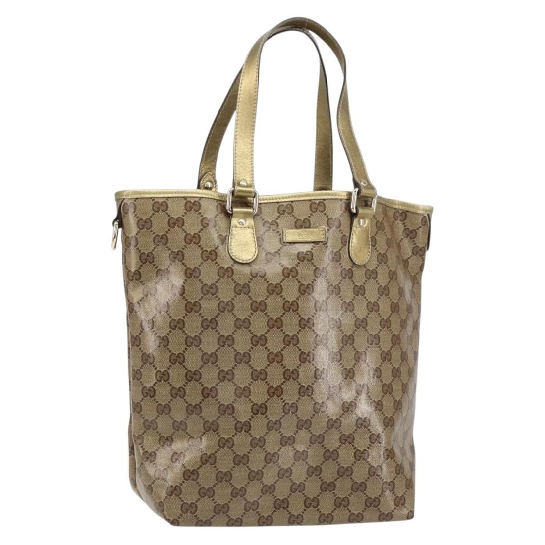 Gucci Beige Gold GG Crystal Coated Canvas Tote Bag with Dust Bag 189896: Gucci Beige Gold GG Crystal Coated Canvas Tote Bag with Dust Bag 189896 This is a Gucci GG Crystal tote bag crafted from beige and gold coated GG canvas. The tote features dual handles and offers ampl