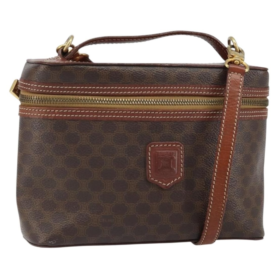 Brown Macadam Canvas PVC Leather CELINE 2way Handbag with Shoulder Strap: Brown Macadam Canvas PVC Leather CELINE 2way Handbag with Shoulder Strap This CELINE Macadam Canvas hand bag features a PVC leather and canvas construction in a brown and gold color scheme. Designed f