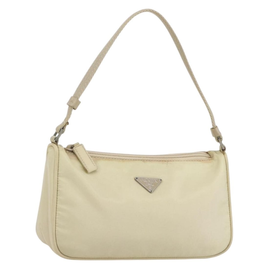 Prada Nylon Ivory and Silver Accessory Pouch from Italy: Prada Nylon Ivory and Silver Accessory Pouch from Italy This PRADA accessory pouch is crafted from ivory nylon with silver-tone accents. Designed for practicality and style, the pouch features a compa