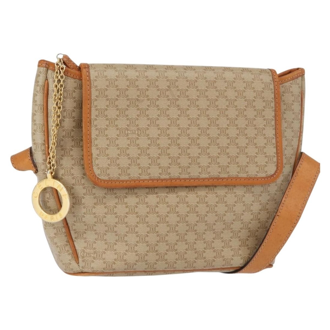 CELINE Macadam Canvas Beige Gold Shoulder Bag PVC Italy Auth 152081: CELINE Macadam Canvas Beige Gold Shoulder Bag PVC Italy Auth 152081 This authentic CELINE Macadam Canvas Shoulder Bag is crafted from durable PVC leather and features a stylish beige and gold color co