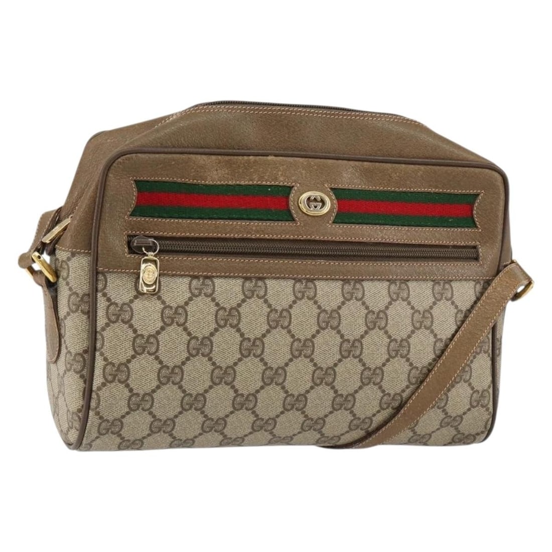 GUCCI GG Supreme Sherry Line Shoulder Bag Beige Gold PVC Auth 56 02 088: GUCCI GG Supreme Sherry Line Shoulder Bag Beige Gold PVC Auth 56 02 088 This stylish shoulder bag from GUCCI features a luxurious GG Supreme web design crafted from durable PVC leather in a sophistica