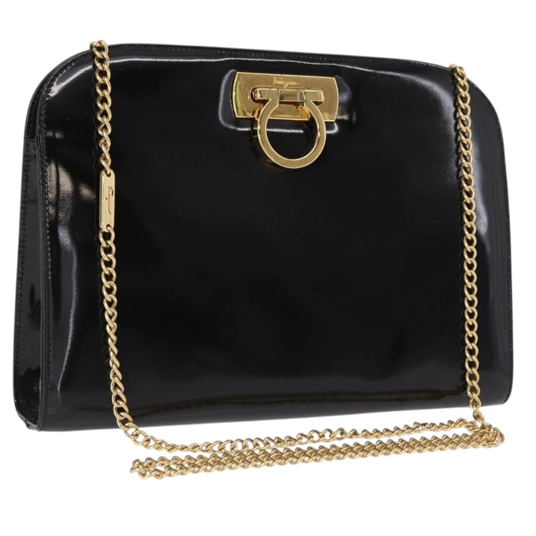 Black Patent Leather Gancini Shoulder Bag by Salvatore Ferragamo Gold Chain Accent (1 of 18)