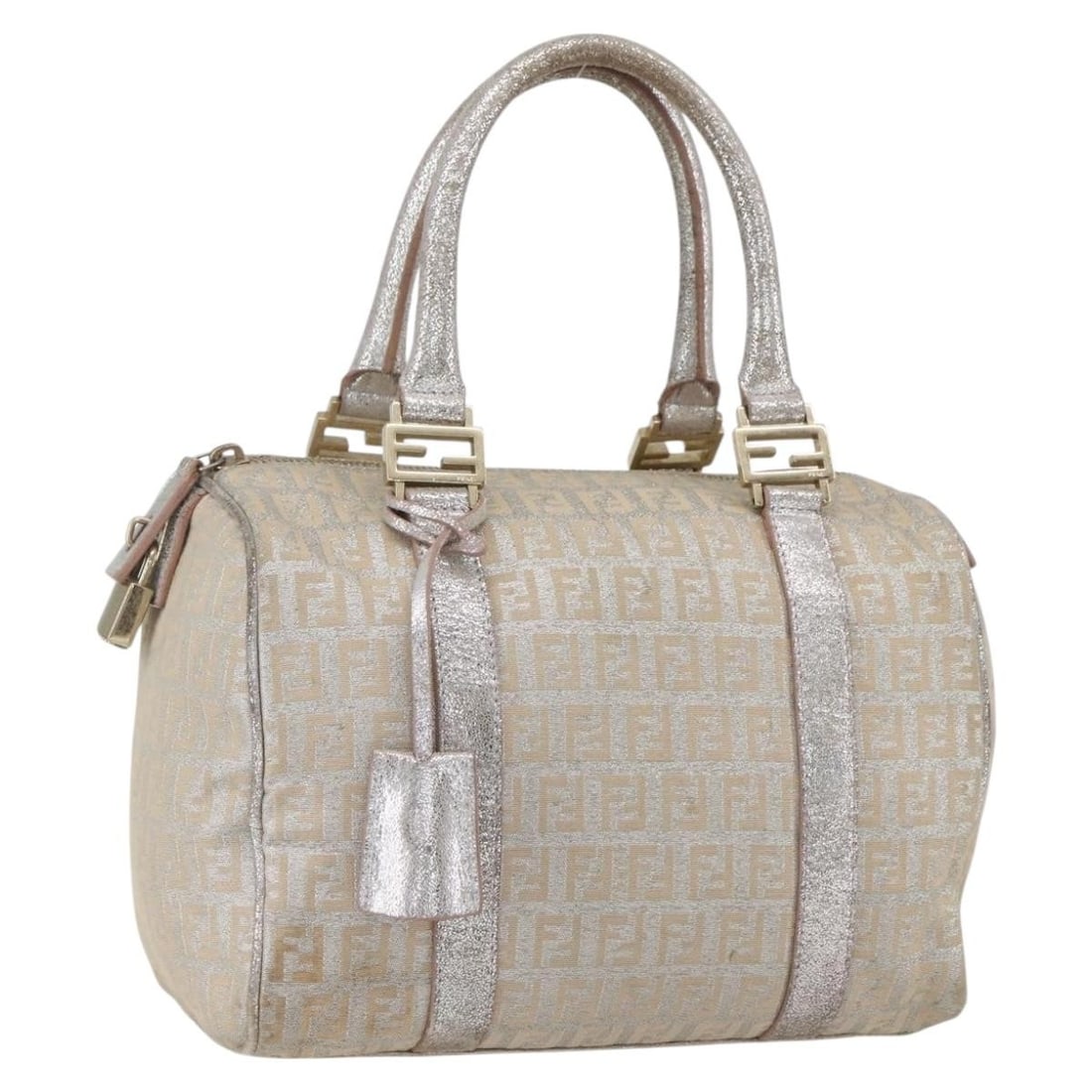 Fendi Zucchino Canvas Silver Handbag with Padlock and Keys: Fendi Zucchino Canvas Silver Handbag with Padlock and Keys This FENDI Zucchino Canvas hand bag features a silver exterior and is crafted in Italy. The bag includes a padlock, two keys, and a clochette