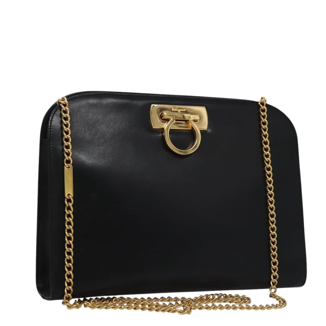 Salvatore Ferragamo Gancini Chain Leather Shoulder Bag Black Gold Auth (1 of 18)