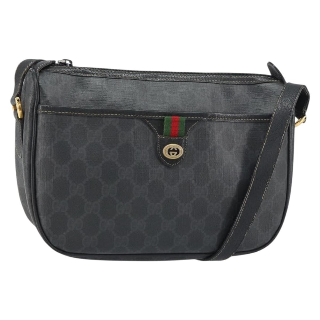 Gucci GG Supreme Sherry Line Black PVC Shoulder Bag 89 02 077: Gucci GG Supreme Sherry Line Black PVC Shoulder Bag 89 02 077 This GUCCI GG Supreme Web Sherry Line shoulder bag features a black and gold PVC leather exterior with GG canvas detailing. The bag is mad