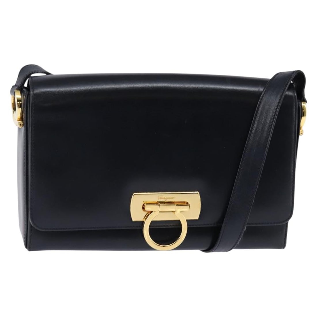 Salvatore Ferragamo Gancini Navy Gold Leather Shoulder Bag Auth 147512 (1 of 18)
