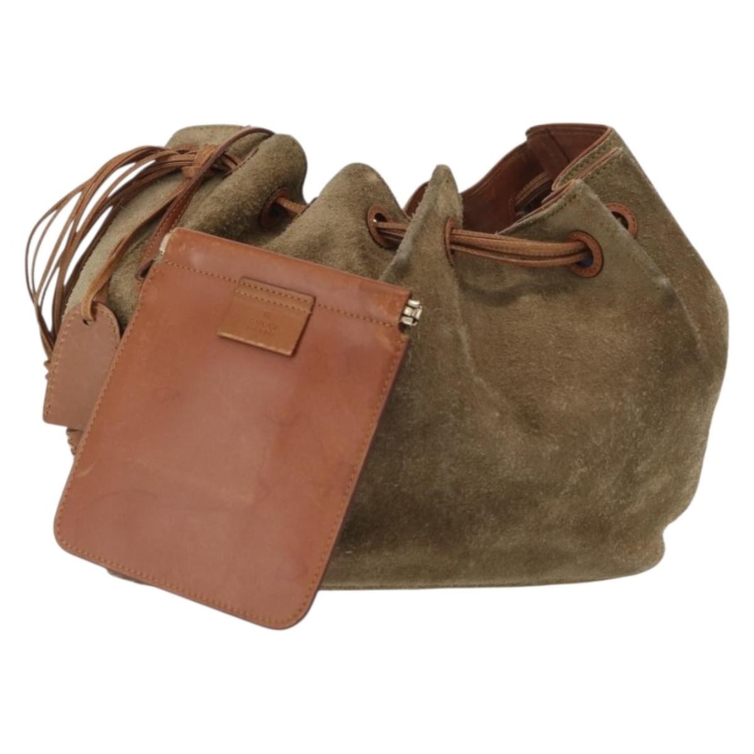 Gucci Beige Suede Shoulder Bag with Gold Accents and Pouch: Gucci Beige Suede Shoulder Bag with Gold Accents and Pouch This GUCCI shoulder bag features a beige and gold suede exterior with a complementary matching pouch. Crafted in Italy, the bag is designed w